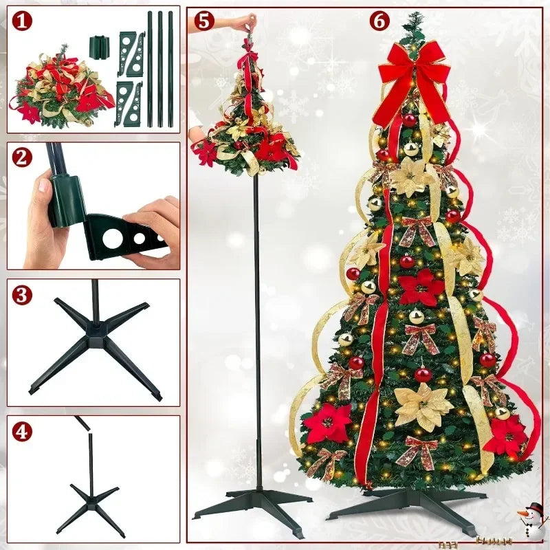 6.5 Ft Prelit Full Christmas Tree Decor Pop up Xmas Tree 250 Warm Lights,36 Ornaments,Red&Gold Ribbon,18 Flowers,26 Bows,Ul