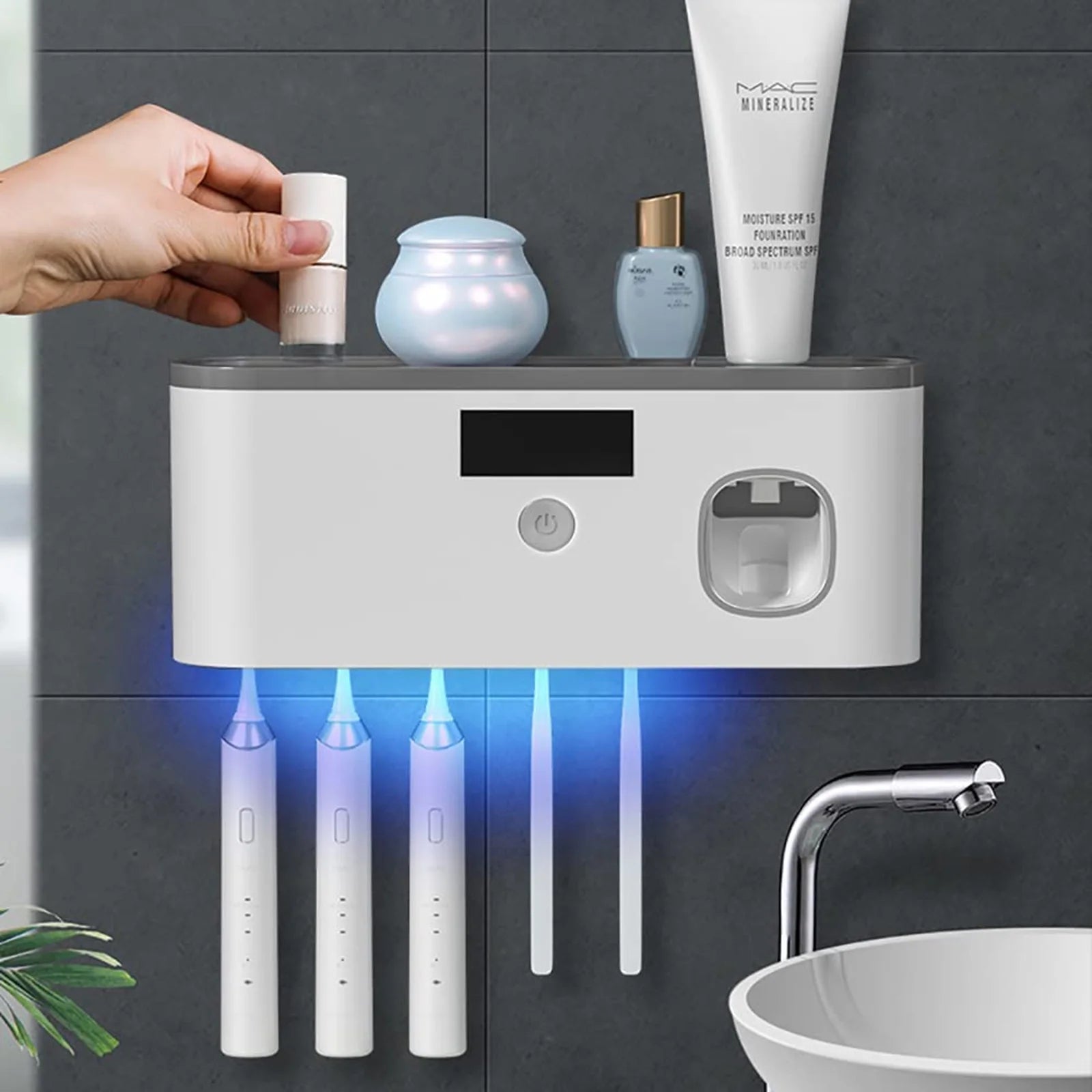 Wall Mounted Toothbrush Holder with Toothpaste Dispenser, Electric Toothbrush Holder for Bathroom, Solar Charging and No Drilling Required Smart Clean Toothbrush Organizer with 5 Brush Slots