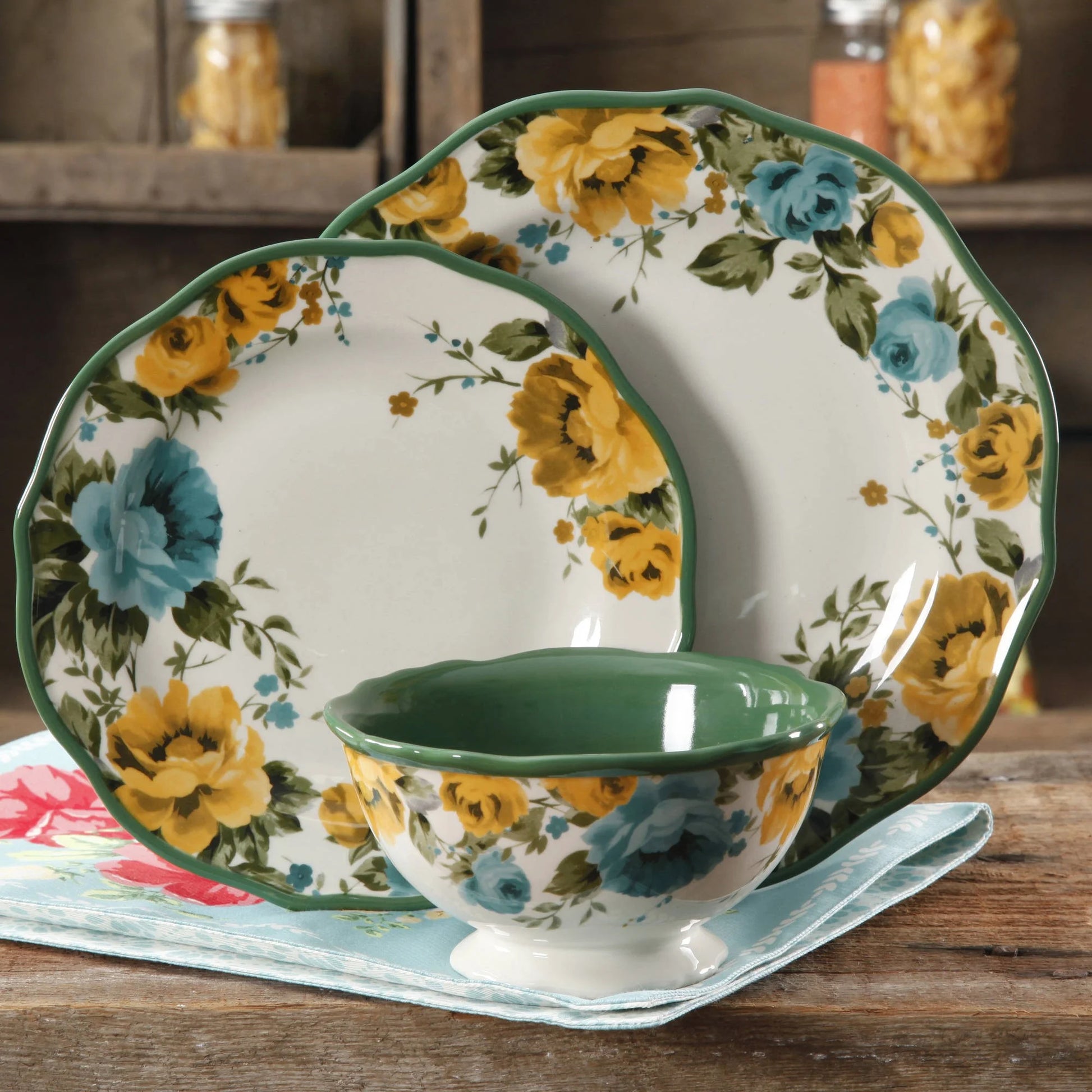 Rose Shadow Green Ceramic 12-Piece Dinnerware Set