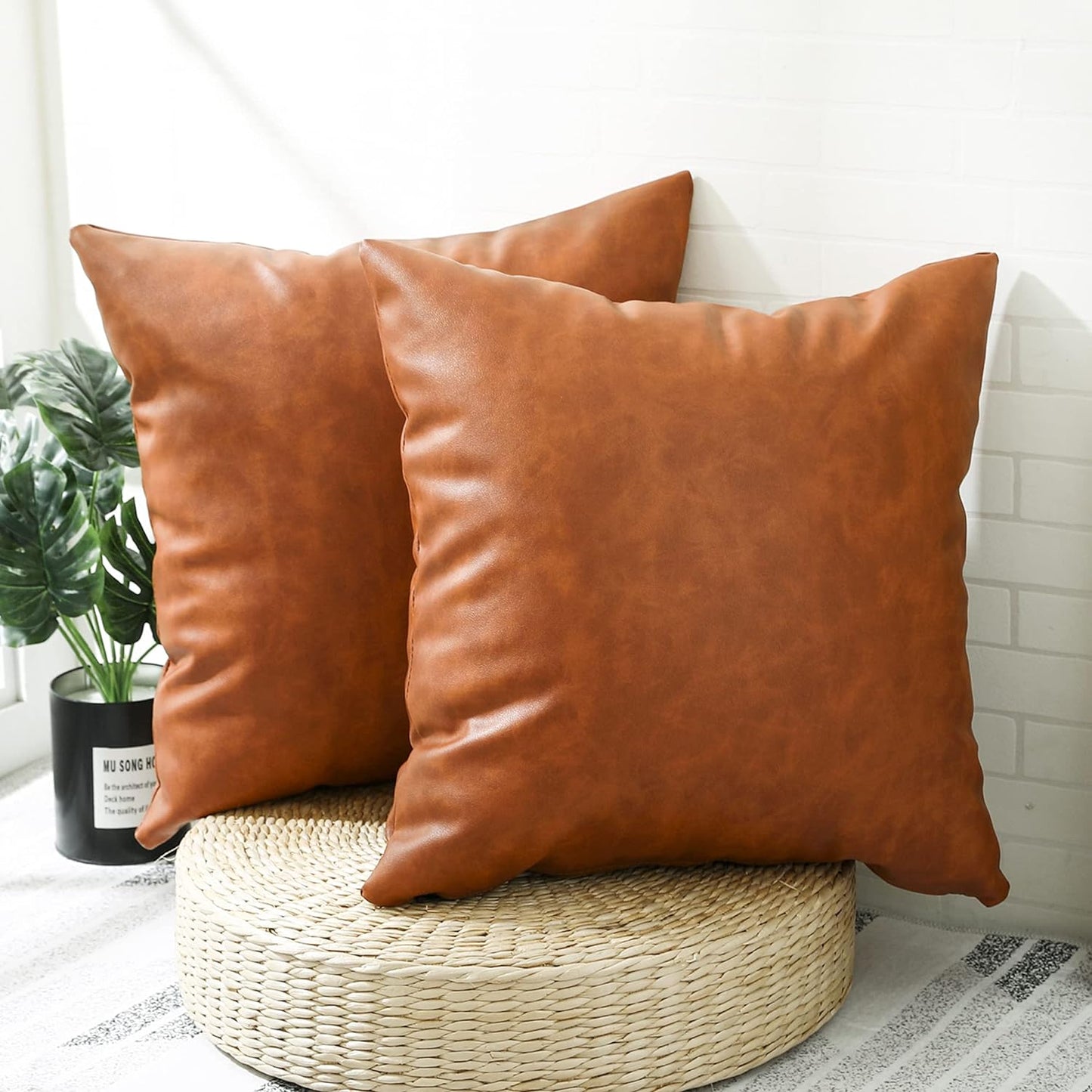 Faux Leather Farmhouse Throw Pillow Cover 22X22 Inch, Modern Country Style Decorative Throw Pillow Cover for Bedroom Living Room Sofa Brown Accent Pillows.(Full Leather 2PC, 22X22 Inch)