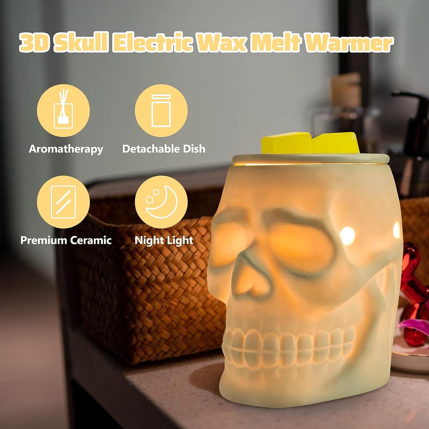 Ceramic Skull Wax Melt Warmer Electric Scentsy Warmer Home Fragrance Oil Diffuser Wax Melter Burner for Home Decor/Office/Living Room,Ideal Gifts,Two Bulbs Packed- Resurgent Skull