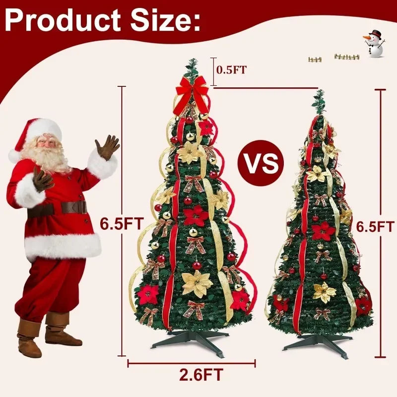 6.5 Ft Prelit Full Christmas Tree Decor Pop up Xmas Tree 250 Warm Lights,36 Ornaments,Red&Gold Ribbon,18 Flowers,26 Bows,Ul