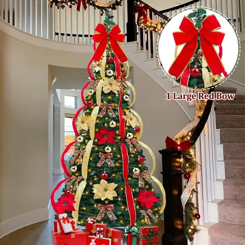 6.5 Ft Prelit Full Christmas Tree Decor Pop up Xmas Tree 250 Warm Lights,36 Ornaments,Red&Gold Ribbon,18 Flowers,26 Bows,Ul