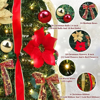 6.5 Ft Prelit Full Christmas Tree Decor Pop up Xmas Tree 250 Warm Lights,36 Ornaments,Red&Gold Ribbon,18 Flowers,26 Bows,Ul